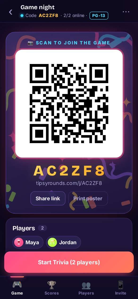 Host phone showing the game’s QR code, join code and the players in the lobby