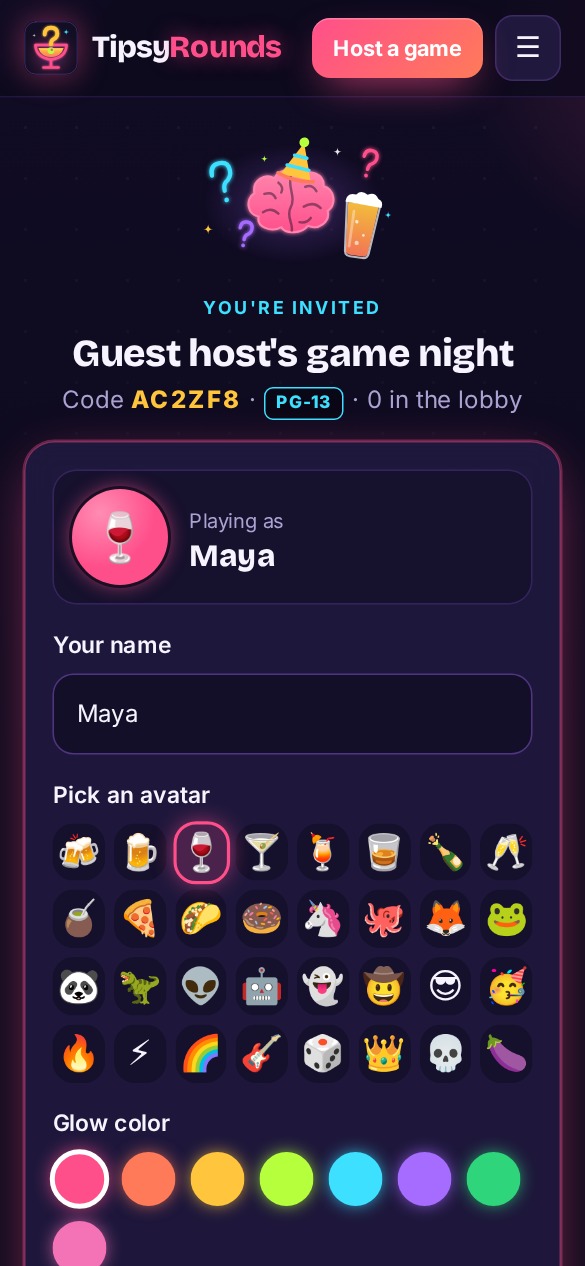Player phone picking a name and avatar to join the trivia game